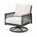 Fauteuil pivotant en métal noir avec coussins en tissu polyester blanc