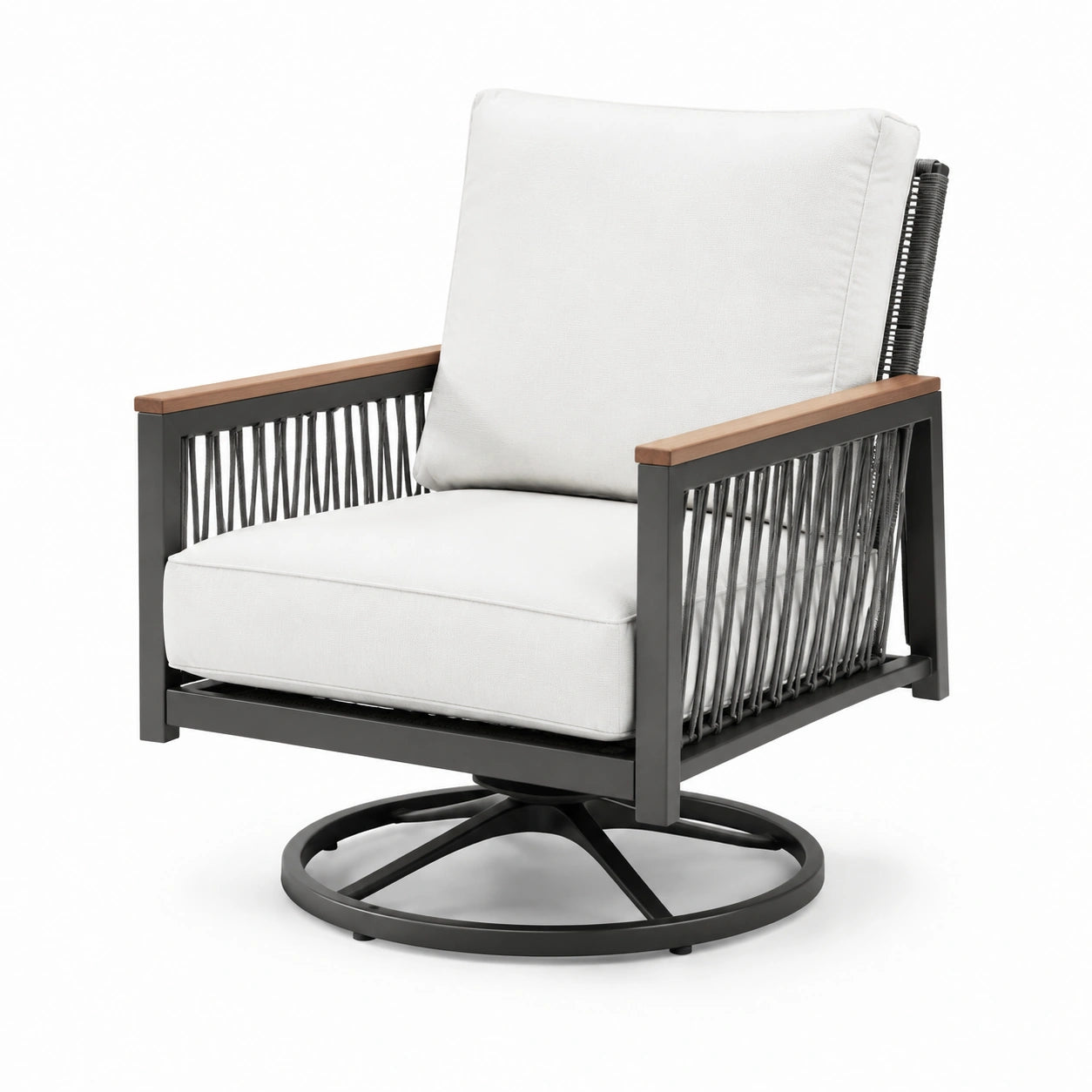 Fauteuil pivotant en métal noir avec coussins en tissu polyester blanc
