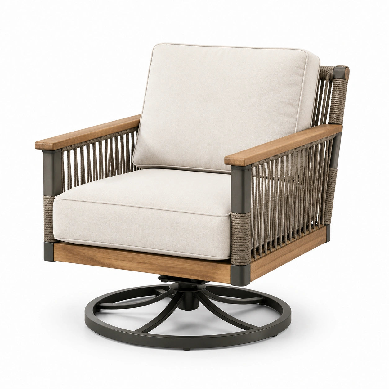 Fauteuil pivotant en bois et métal avec coussins en tissu beige