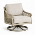 Fauteuil pivotant en bois, métal et corde avec coussins en tissu beige