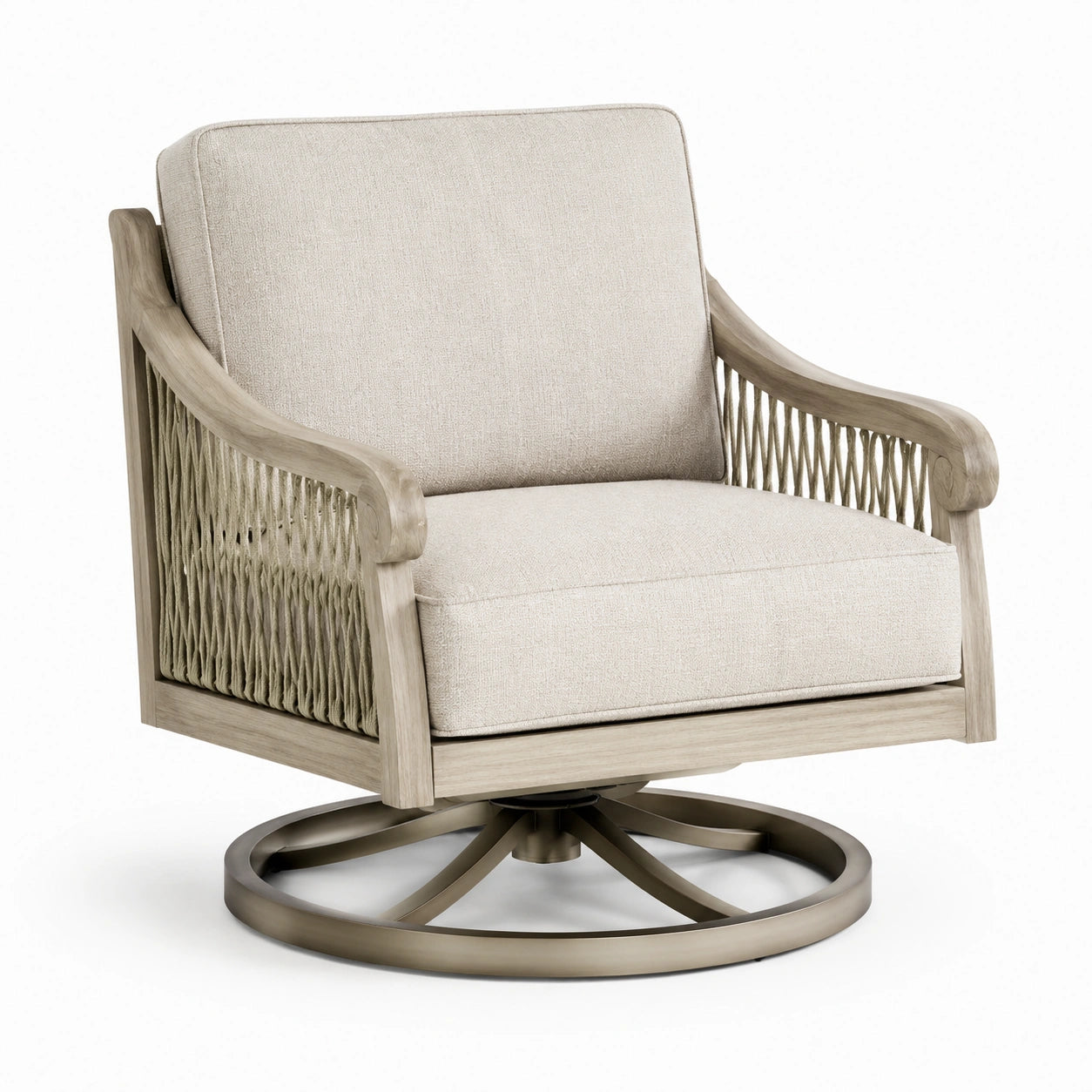 Fauteuil pivotant en bois, métal et corde avec coussins en tissu beige