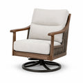 Fauteuil pivotant en tissu polyester beige avec accoudoirs en bois et base en métal noir