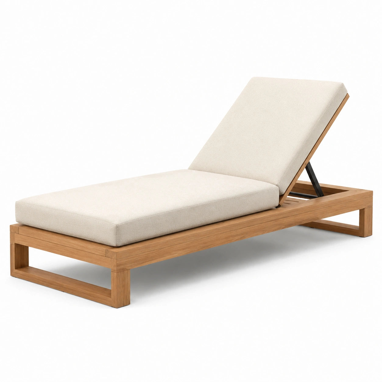 Chaise longue en teck avec coussin en tissu beige