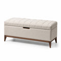 Banc de rangement en tissu polyester beige avec pieds en bois