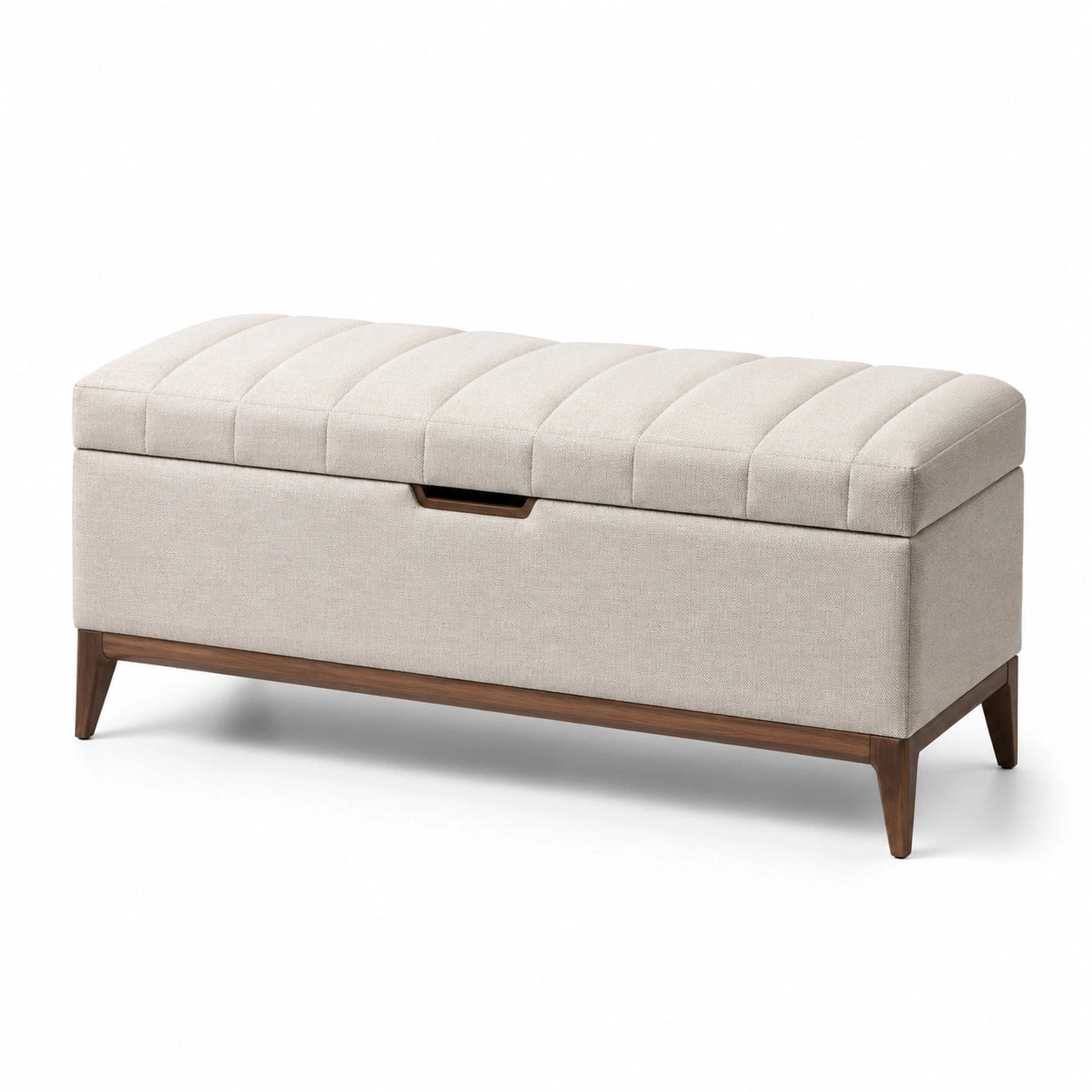 Banc de rangement en tissu polyester beige avec pieds en bois