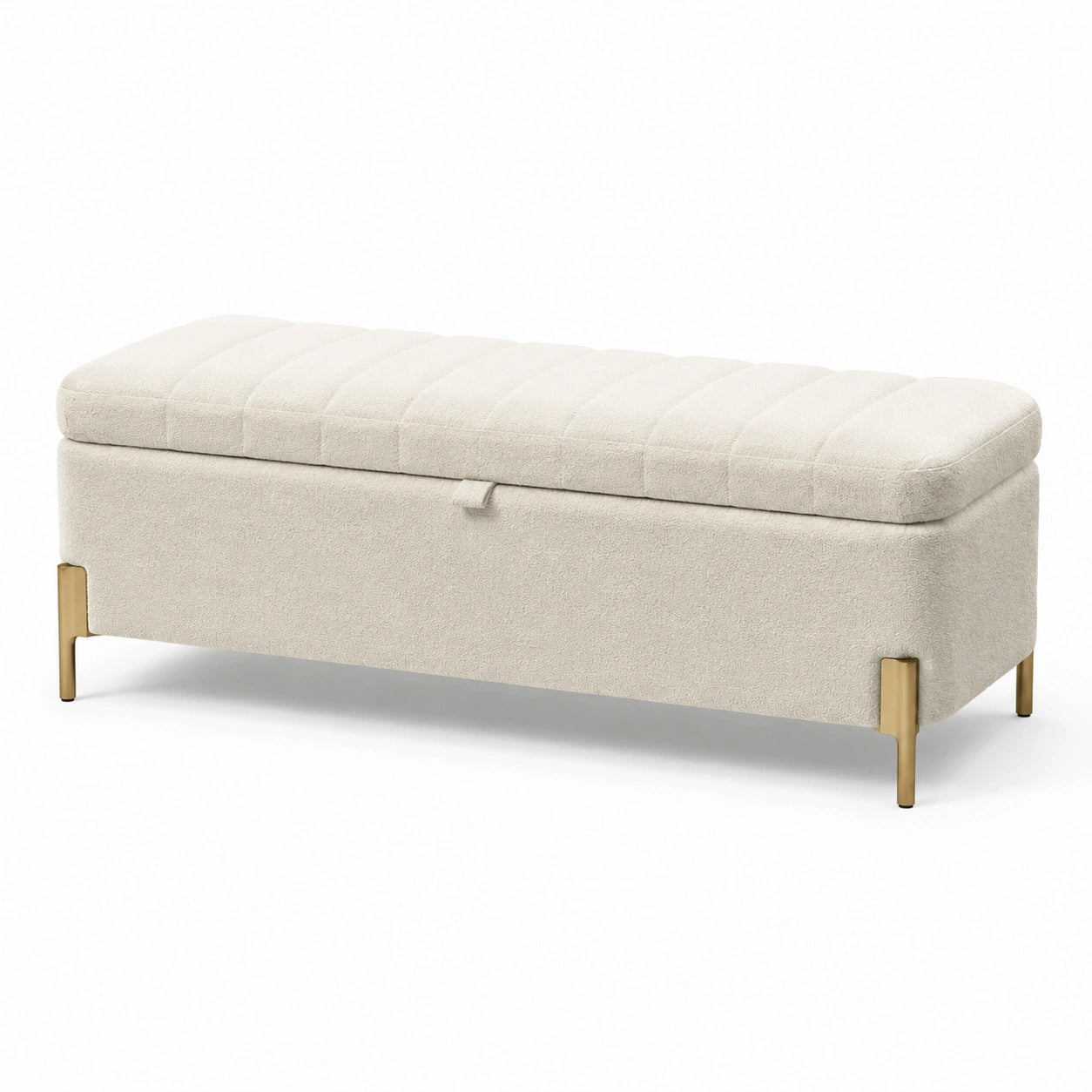 Banc de rangement en tissu beige avec pieds en métal doré