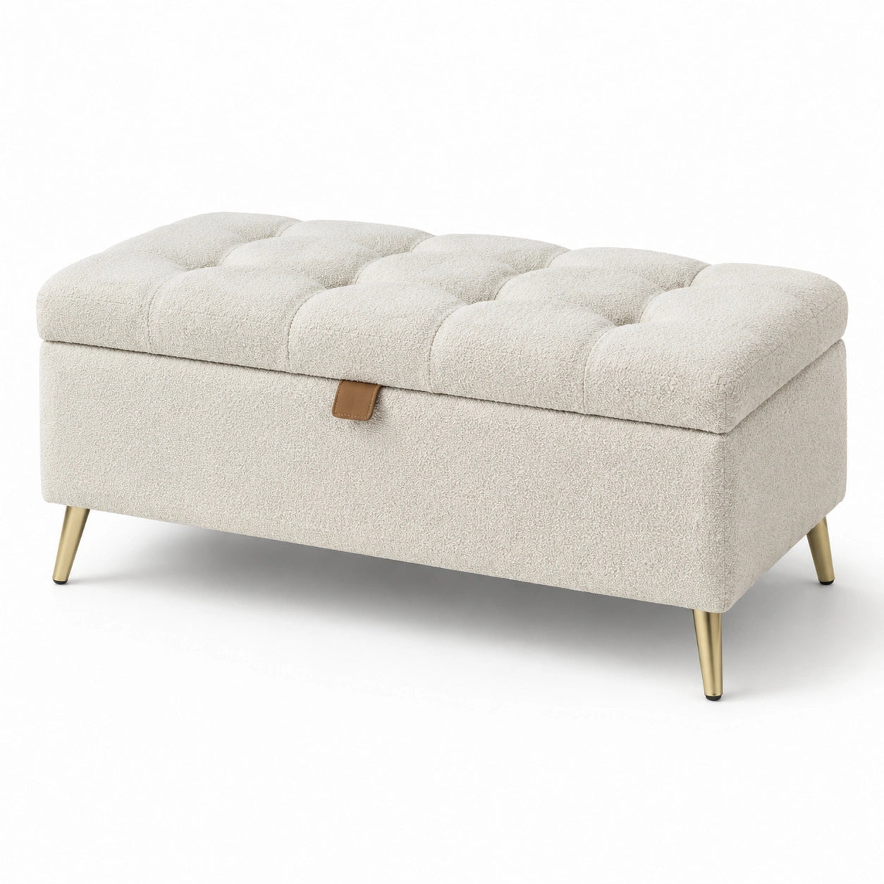 Banc de rangement en tissu bouclé avec pieds en métal, beige