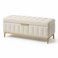 Banc de rangement en bois et tissu beige avec pieds métalliques dorés 140cm