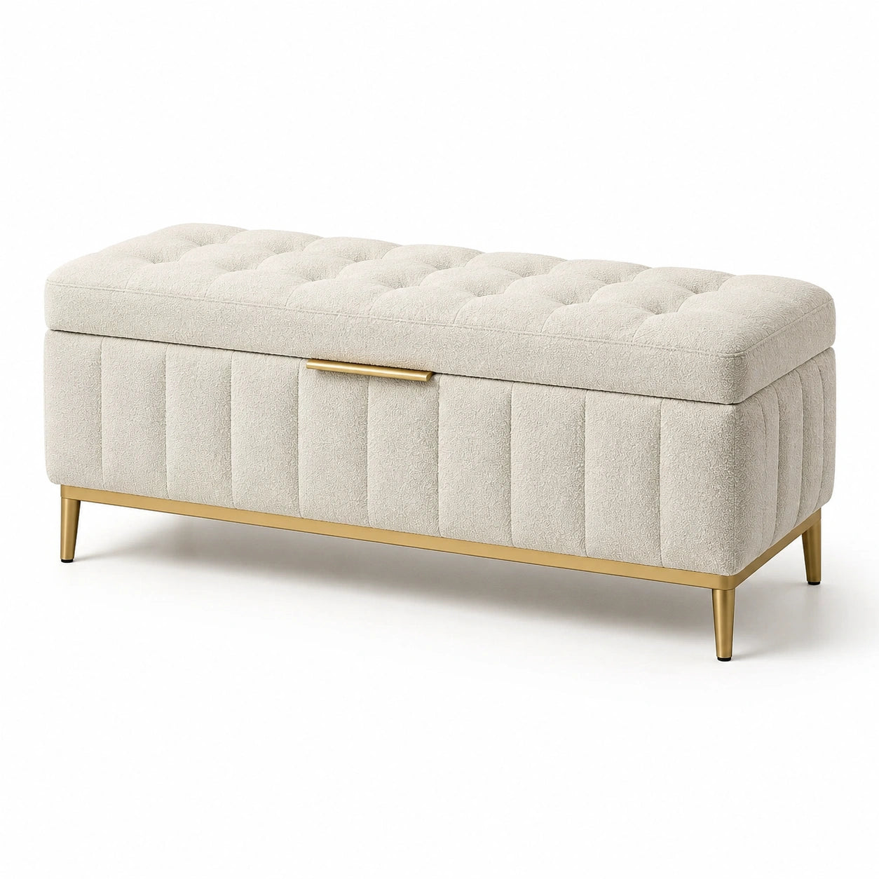 Banc de rangement en bois et tissu beige avec pieds métalliques dorés 140cm