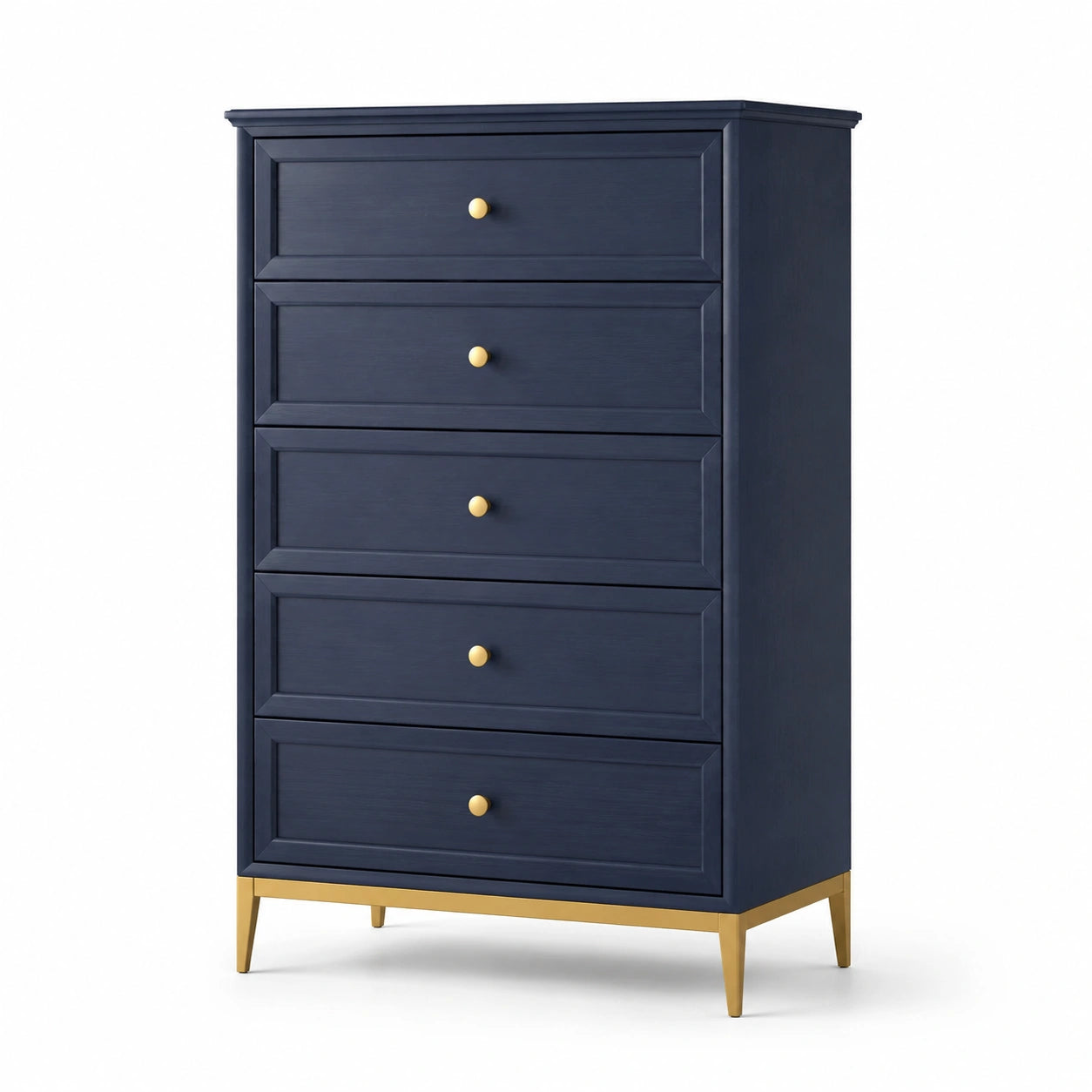 Commode 5 tiroirs en bois avec pieds et poignées dorés, 120cm x 80cm x 45cm