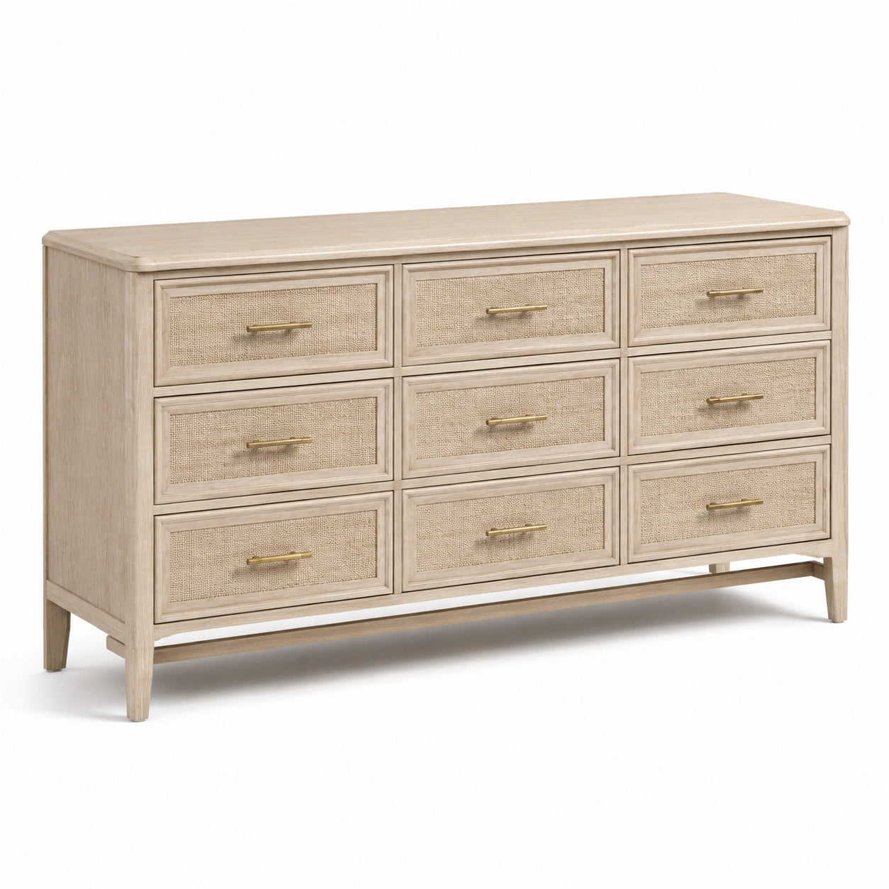 Commode en bois de chêne avec placage en rotin et 9 tiroirs