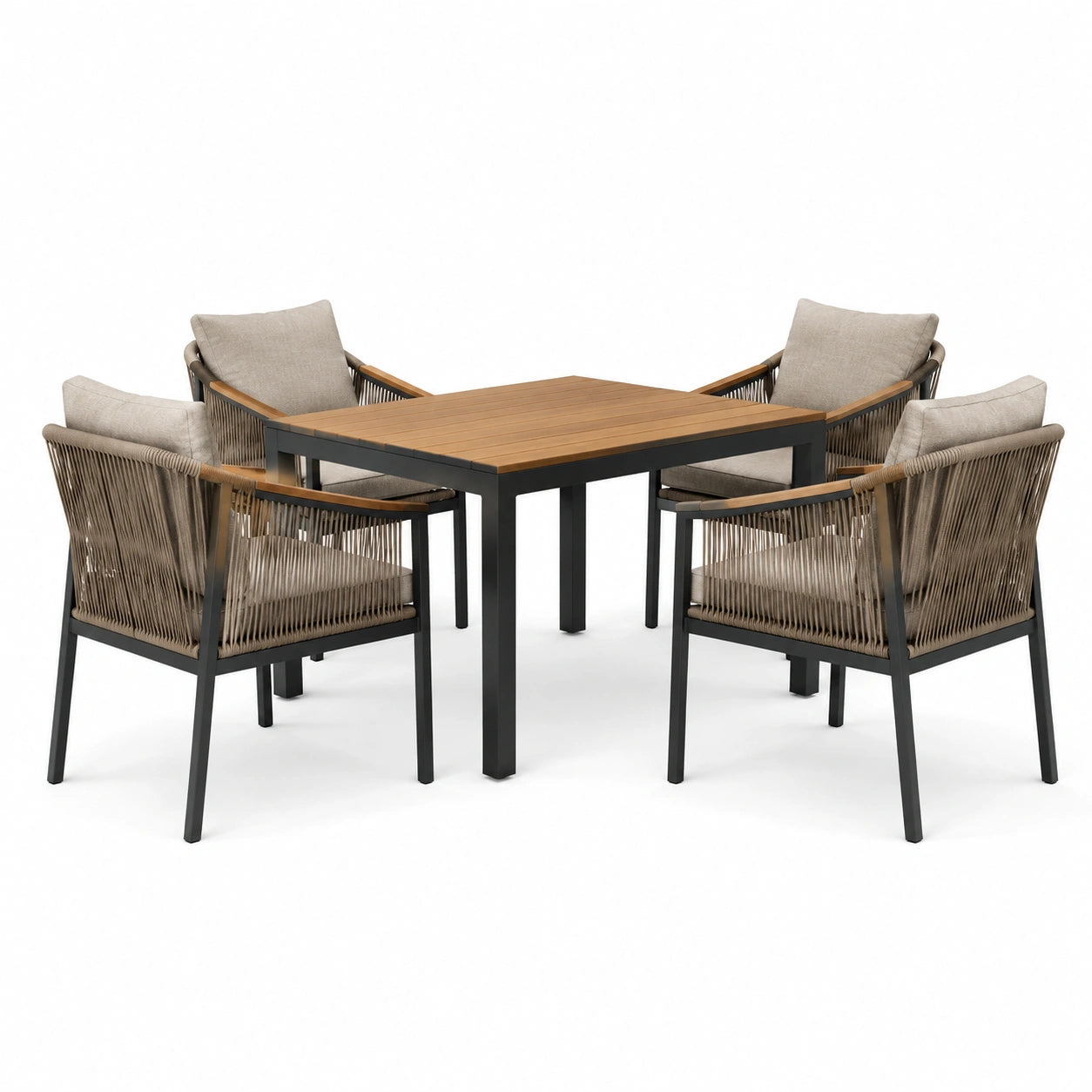 Ensemble de jardin table métal bois 4 chaises corde coussins polyester